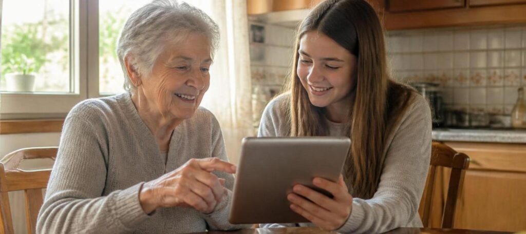 Anziana impara a usare il tablet con una ragazza: competenze digitali per gli anziani