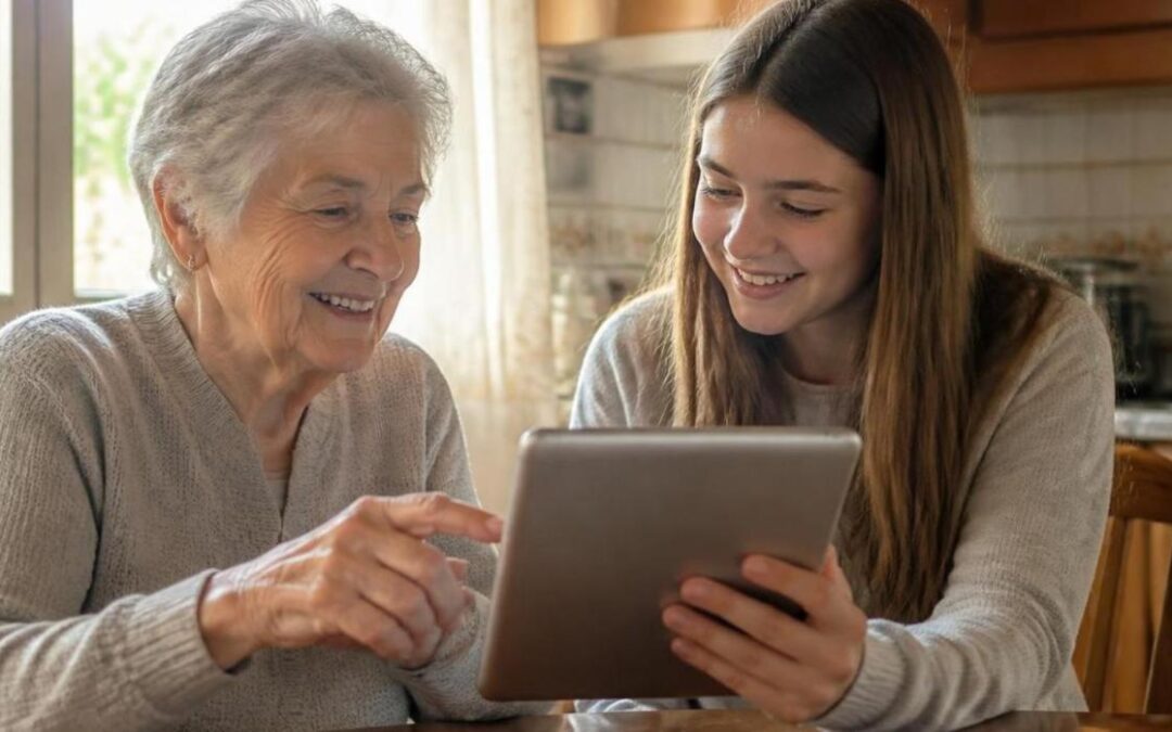 Anziana impara a usare il tablet con una ragazza: competenze digitali per gli anziani