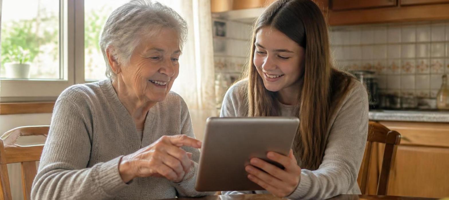 Anziana impara a usare il tablet con una ragazza: competenze digitali per gli anziani