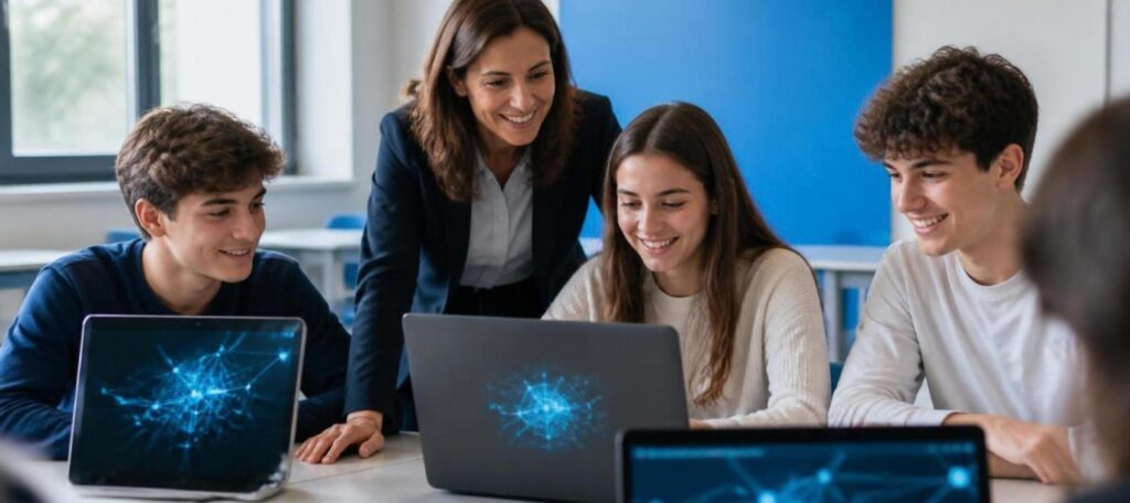 Docente e studenti in classe al computer: intelligenza artificiale a scuola