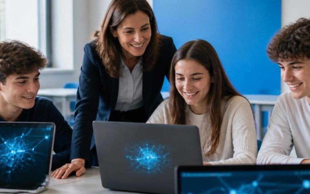 Docente e studenti in classe al computer: intelligenza artificiale a scuola