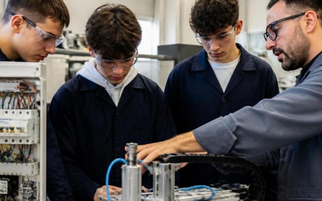 Studenti di un istituto tecnico in laboratorio con un tecnico d’azienda