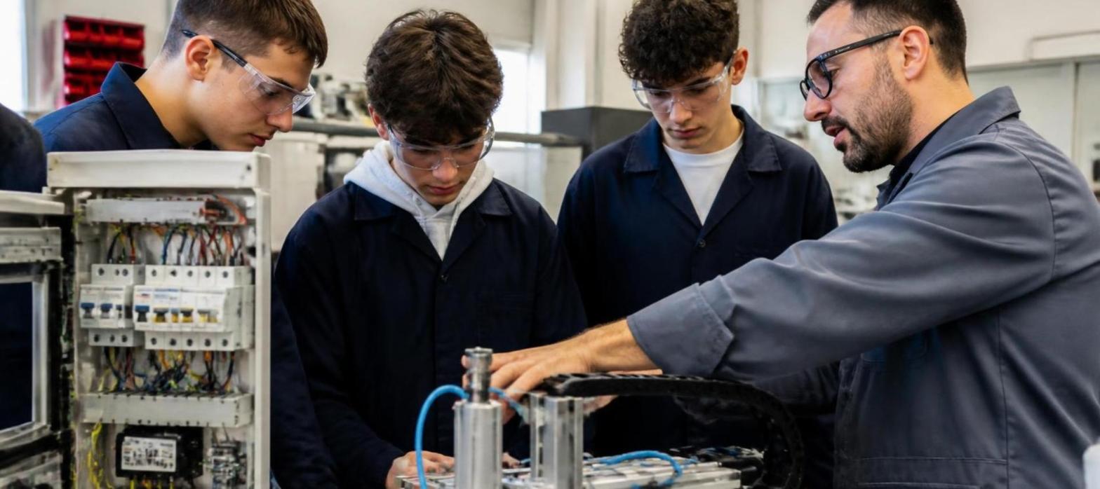 Studenti di un istituto tecnico in laboratorio con un tecnico d’azienda